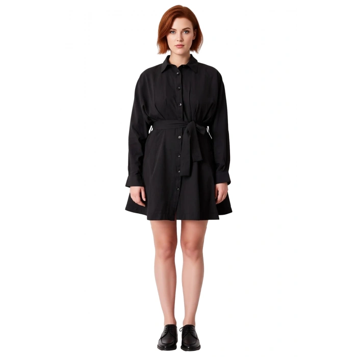 Kadınlar İçin Modern Kahverengi Gömlek Yaka Düz Dokuma Elbise Uzun Kollu Kış Şıklığına Uygun