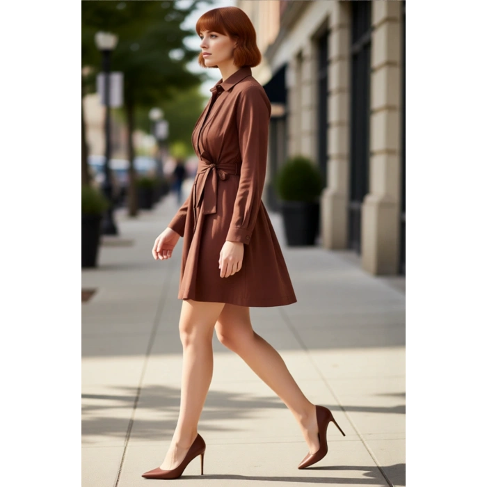 Kadınlar İçin Modern Kahverengi Gömlek Yaka Düz Dokuma Elbise Uzun Kollu Kış Şıklığına Uygun