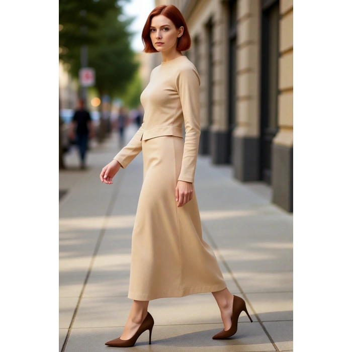 Kadınlar İçin Modern Örme Ribana Elbise Bisiklet Yaka Uzun Kollu Maxi Boy Düz Kesim Astarsız Şıklık