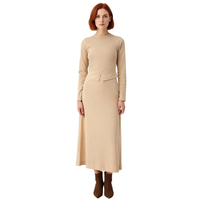 Kadınlar İçin Modern Örme Ribana Elbise Bisiklet Yaka Uzun Kollu Maxi Boy Düz Kesim Astarsız Şıklık