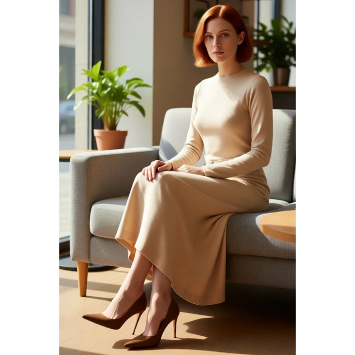 Kadınlar İçin Modern Örme Ribana Elbise Bisiklet Yaka Uzun Kollu Maxi Boy Düz Kesim Astarsız Şıklık