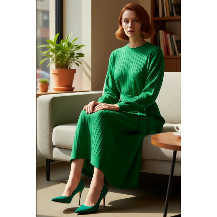 Kadınlar İçin Modern Triko Elbise Kuşaklı Shift Kalıp Uzun Balon Kol Tesettür Stili Kaliteli