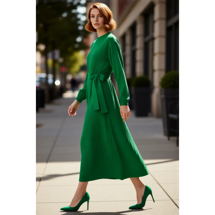 Kadınlar İçin Modern Triko Elbise Kuşaklı Shift Kalıp Uzun Balon Kol Tesettür Stili Kaliteli