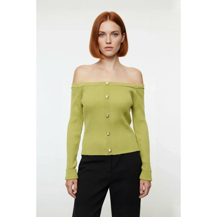 Kadınlar İçin Omuz Açık Fitted Kalıp Akrilik Uzun Kollu Fitilli Triko Bluz Şıklığı Kaliteli