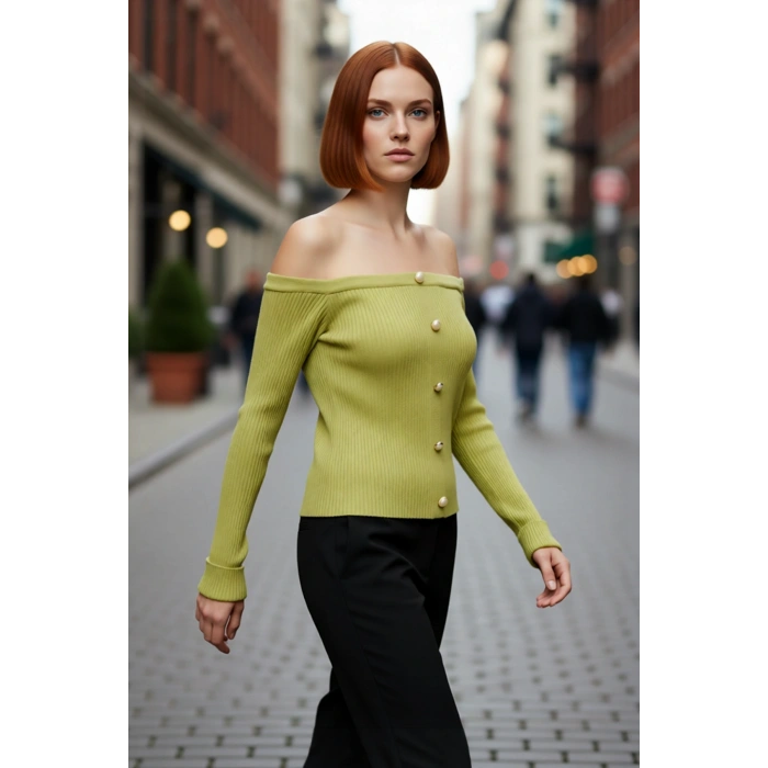 Kadınlar İçin Omuz Açık Fitted Kalıp Akrilik Uzun Kollu Fitilli Triko Bluz Şıklığı Kaliteli