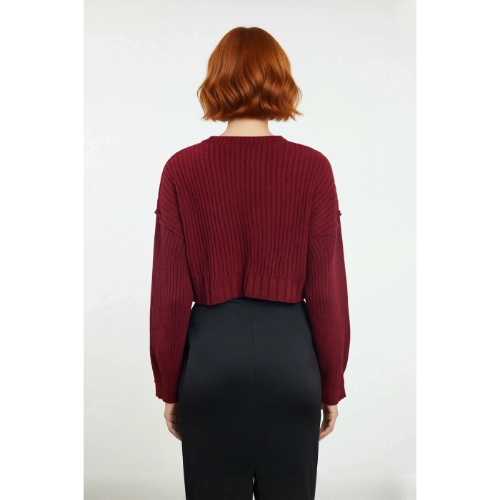 Kadınlar İçin Oversize Crop Bisiklet Yaka Fitilli Uzun Kollu Basic Akrilik Triko Kazak İlkbahar