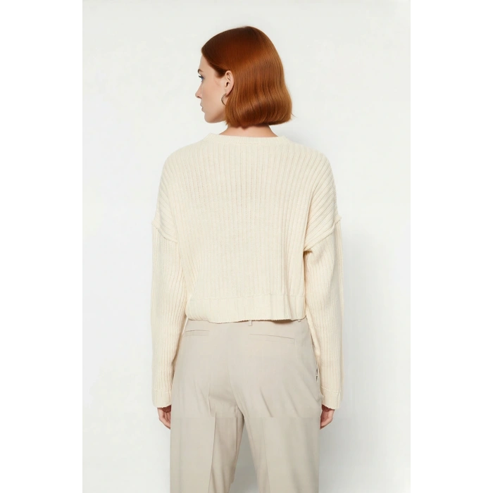 Kadınlar İçin Oversize Crop Bisiklet Yaka Fitilli Uzun Kollu Basic Akrilik Triko Kazak İlkbahar