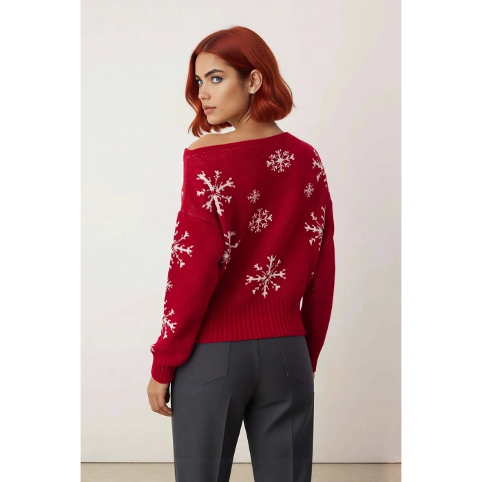 Kadınlar İçin Oversize Kayık Yaka Triko Kar Taneli Kışlık Akrilik Şık Kazak Modeli Kaliteli