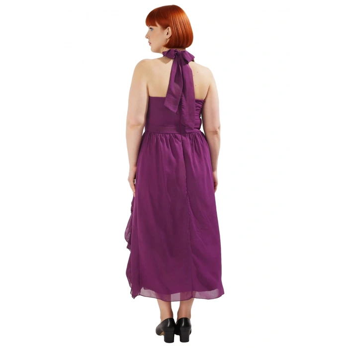 Kadınlar İçin Özel Günler Maxi Boy Halter Yaka Şifon Elbise A Line Kesim Kolsuz Zarif Model