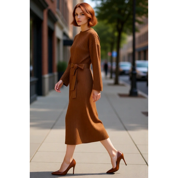 Kadınlar İçin Özel Triko Ribana Kuşaklı Maxi Elbise Düz Desenli Uzun Düşük Kollu Kışlık Şıklık