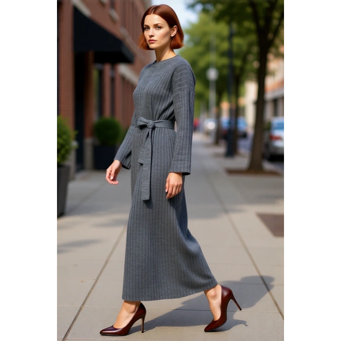 Kadınlar İçin Özel Triko Ribana Kuşaklı Maxi Elbise Düz Desenli Uzun Düşük Kollu Kışlık Şıklık