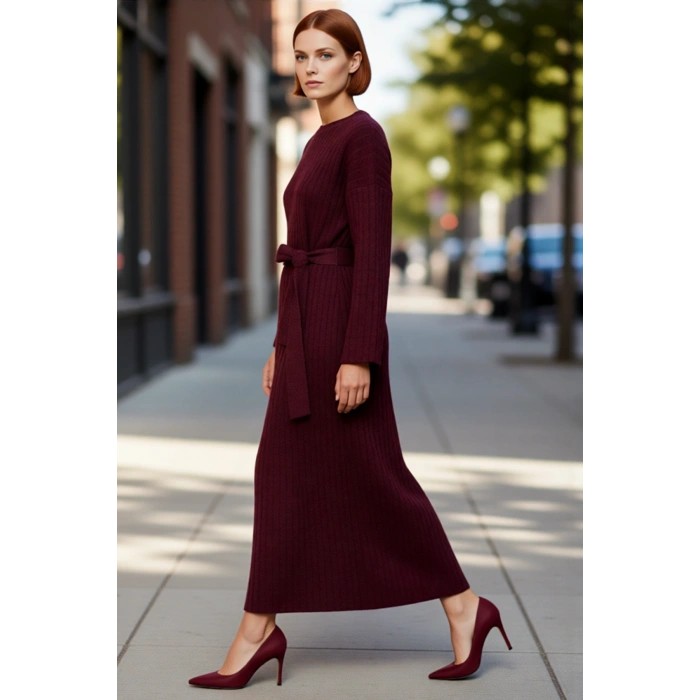 Kadınlar İçin Özel Triko Ribana Kuşaklı Maxi Elbise Düz Desenli Uzun Düşük Kollu Kışlık Şıklık