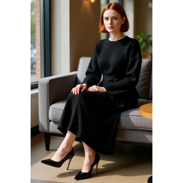 Kadınlar İçin Özel Triko Ribana Kuşaklı Maxi Elbise Düz Desenli Uzun Düşük Kollu Kışlık Şıklık