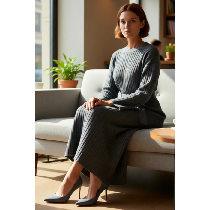 Kadınlar İçin Özel Triko Ribana Kuşaklı Maxi Elbise Düz Desenli Uzun Düşük Kollu Kışlık Şıklık