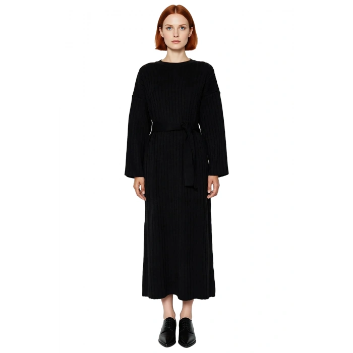 Kadınlar İçin Özel Triko Ribana Kuşaklı Maxi Elbise Düz Desenli Uzun Düşük Kollu Kışlık Şıklık