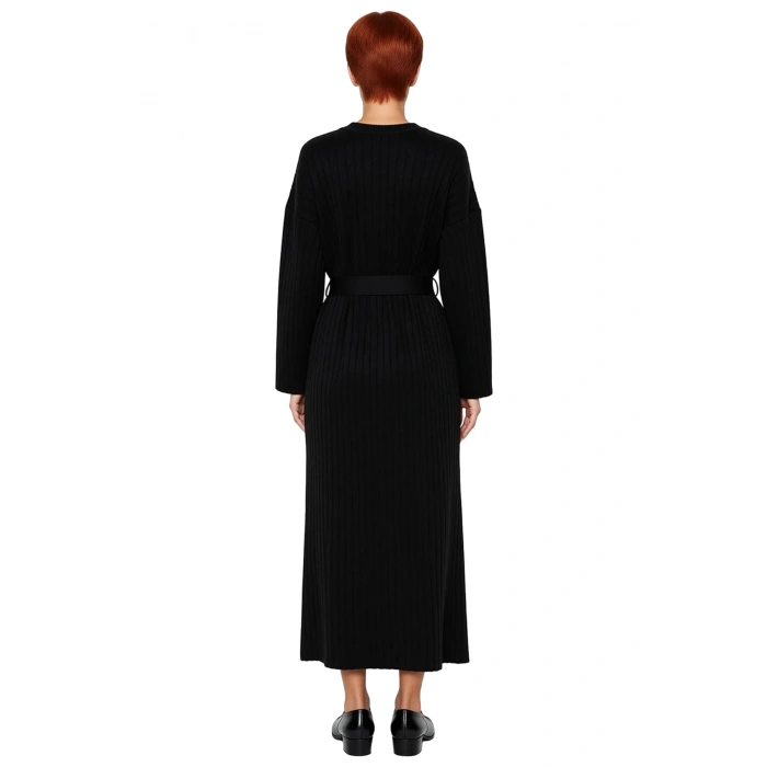 Kadınlar İçin Özel Triko Ribana Kuşaklı Maxi Elbise Düz Desenli Uzun Düşük Kollu Kışlık Şıklık