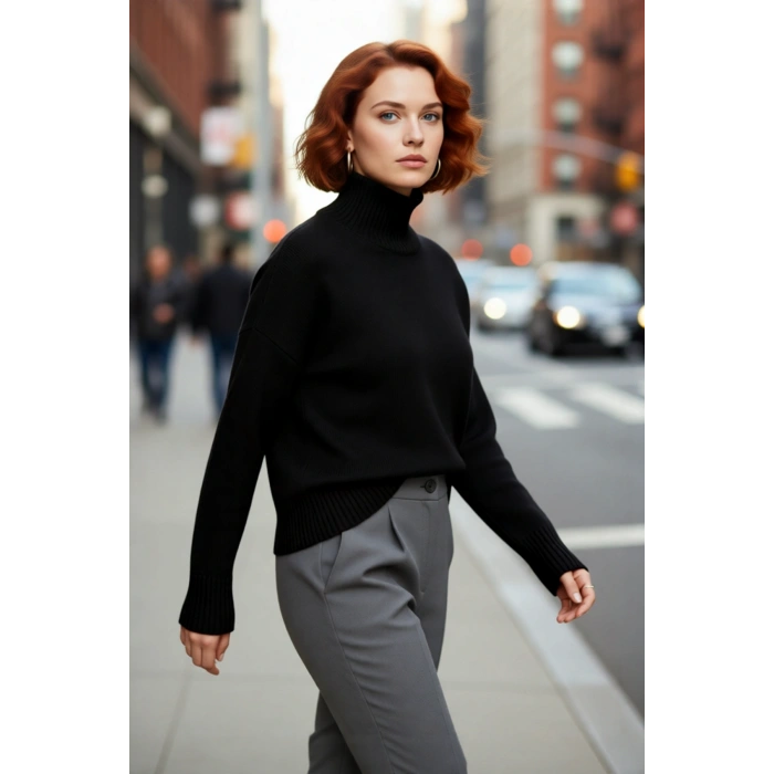 Kadınlar İçin Rahat Relaxed Kalıp Düşük Kol Dik Yaka Triko Kazak Kış Günleri İdeal Seçim