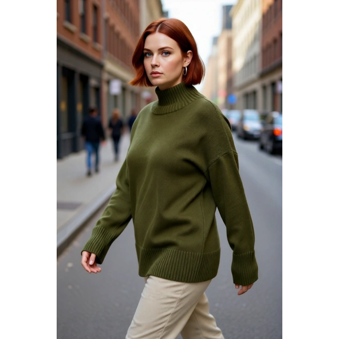 Kadınlar İçin Rahat Relaxed Kalıp Düşük Kol Dik Yaka Triko Kazak Kış Günleri İdeal Seçim