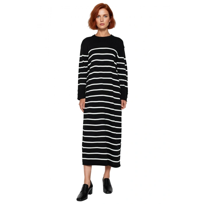 Kadınlar İçin Rahat Shift Kalıp Çizgili Triko Maxi Elbise Düşük Kol Düğmeli Kışlık Günlük Şıklık