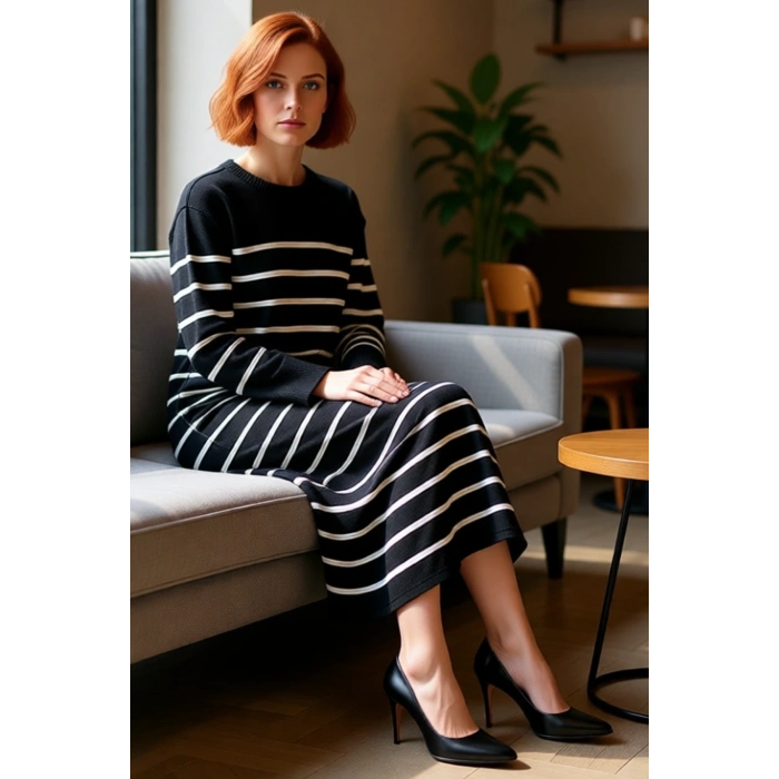 Kadınlar İçin Rahat Shift Kalıp Çizgili Triko Maxi Elbise Düşük Kol Düğmeli Kışlık Günlük Şıklık