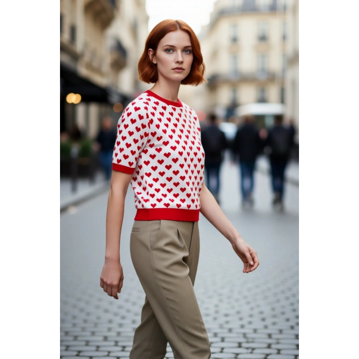 Kadınlar İçin Regular Kalıp Bisiklet Yaka Kısa Kollu Kalp Desenli Akrilik Triko Bluz Modeli