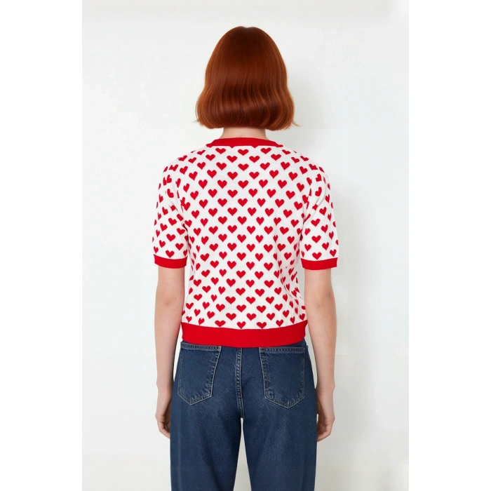 Kadınlar İçin Regular Kalıp Bisiklet Yaka Kısa Kollu Kalp Desenli Akrilik Triko Bluz Modeli