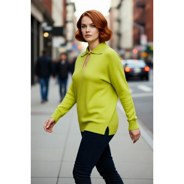 Kadınlar İçin Relaxed Kesim Düz Triko Kazak Polo Yaka Detaylı Uzun Kollu Şık ve Konforlu Giyim