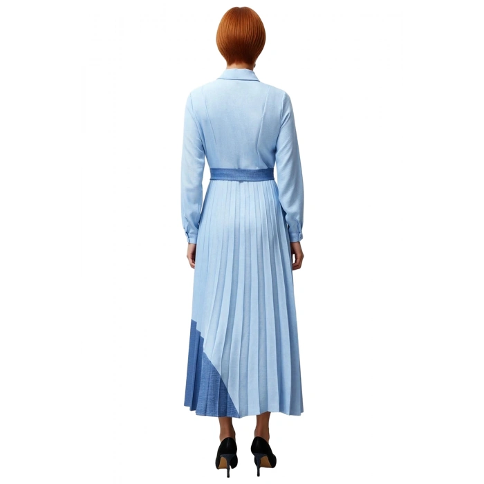 Kadınlar İçin Renk Bloklu Maxi Gömlek Elbise Keten Görünümlü Dokuma Uzun Kollu Şıklık Kaliteli