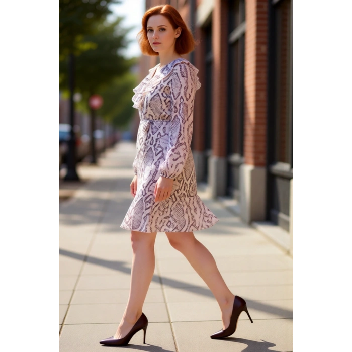 Kadınlar İçin Şifon Dokuma Animal Desenli V Yaka Volanlı Beli Bağlamalı Mini Elbise Kaliteli