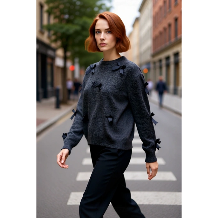 Kadınlar İçin Şık Basic Siluet Bisiklet Yaka Orta Kalın Triko Kurdeleli Uzun Kol Kazak Kaliteli