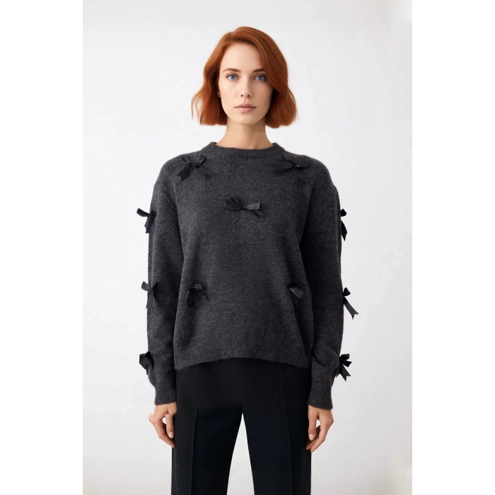 Kadınlar İçin Şık Basic Siluet Bisiklet Yaka Orta Kalın Triko Kurdeleli Uzun Kol Kazak Kaliteli