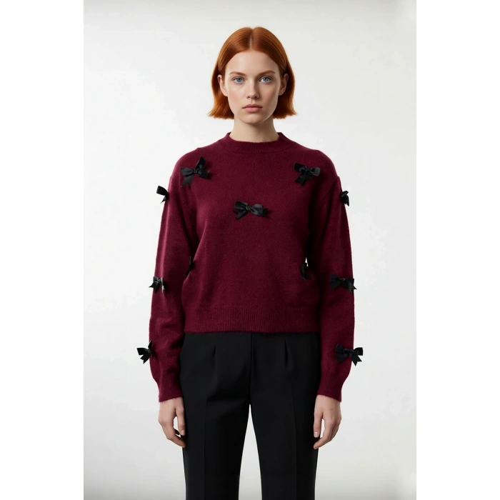 Kadınlar İçin Şık Basic Siluet Bisiklet Yaka Orta Kalın Triko Kurdeleli Uzun Kol Kazak Kaliteli