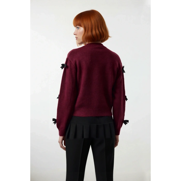 Kadınlar İçin Şık Basic Siluet Bisiklet Yaka Orta Kalın Triko Kurdeleli Uzun Kol Kazak Kaliteli