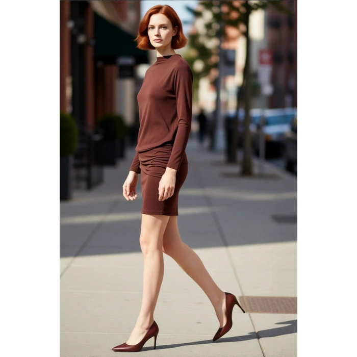 Kadınlar İçin Şık Bodycon Mini Uzun Kollu Kayık Yaka Gece Elbisesi Kalın Sandy Örme Kaliteli