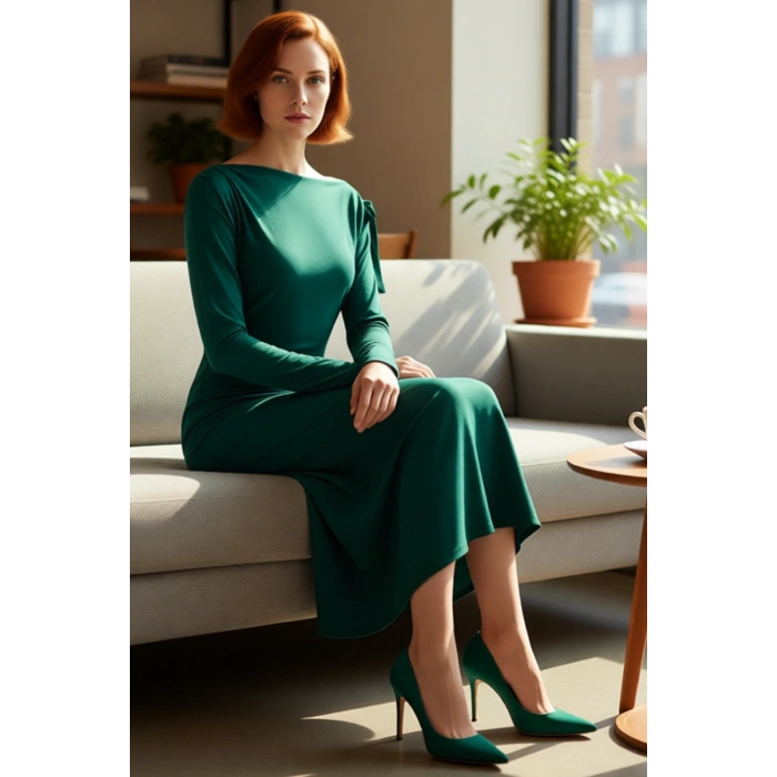 Kadınlar İçin Şık Düşük Kol Uzun Boy Midi A Kesim Örme Sandy Kumaş Bağlama Detaylı Asimetrik Yaka