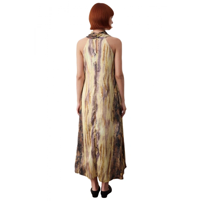 Kadınlar İçin Şık Shift Kalıp Kolsuz Maxi Saten Dokuma Elbise Halter Yaka Soyut Desen Yazlık Konfor