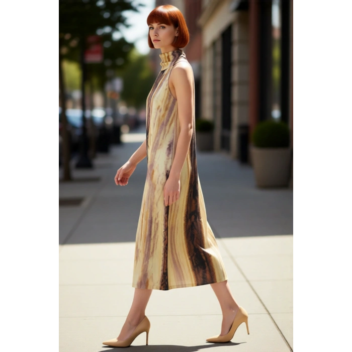 Kadınlar İçin Şık Shift Kalıp Kolsuz Maxi Saten Dokuma Elbise Halter Yaka Soyut Desen Yazlık Konfor