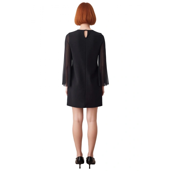Kadınlar İçin Şık Siyah Dokuma Detaylı Uzun Kollu Mini Shift Örme Elbise Kış Sezonu Şıklığı