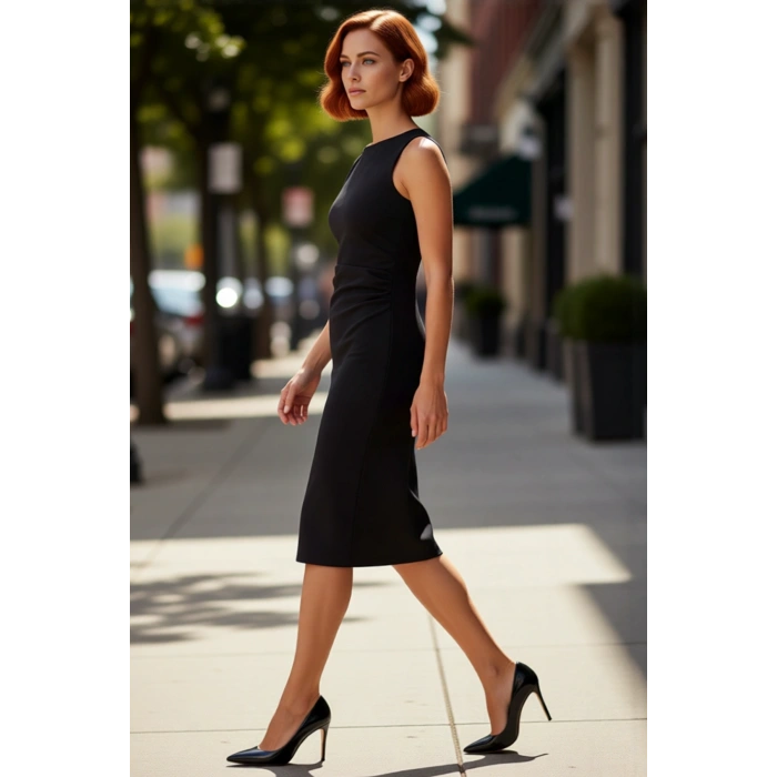 Kadınlar İçin Şık Ve Modern Bodycon Midi Elbise Asimetrik Yaka Detaylı Kolsuz Tasarım Kaliteli