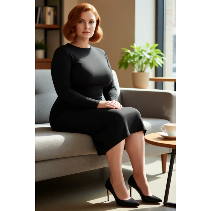 Kadınlar İçin Siyah Büzgü Detaylı Büyük Beden Shift Örme Uzun Kollu Maxi Günlük Elbise Kaliteli