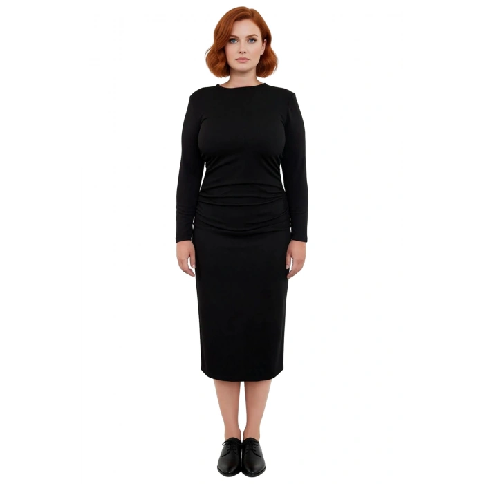 Kadınlar İçin Siyah Büzgü Detaylı Büyük Beden Shift Örme Uzun Kollu Maxi Günlük Elbise Kaliteli