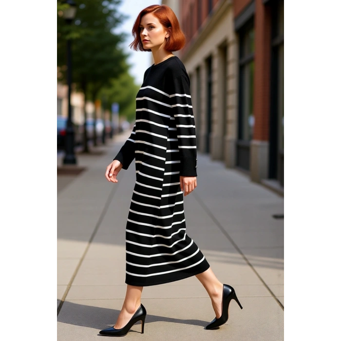 Kadınlar İçin Siyah Çizgili Bisiklet Yaka Düşük Kol Düğme Detaylı Triko Maxi Elbise Kış Kombinleri
