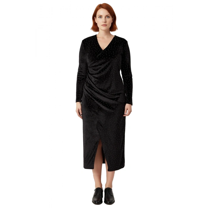 Kadınlar İçin Siyah Işıltılı Kruvaze Yaka Midi Boy Büyük Beden A Line Kadife Elbise Şıklığı
