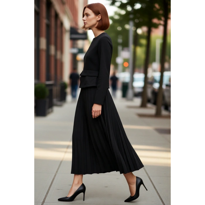 Kadınlar İçin Siyah Maxi Piliseli Fermuar Detaylı Dokuma Elbise İş Ve Ofis Şıklığı Sunar Kaliteli