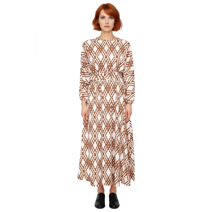 Kadınlar İçin Skater Kalıp Geometrik Desen Balon Kol Maxi Boy Kemerli Dokuma Crinkle Kumaş Elbise