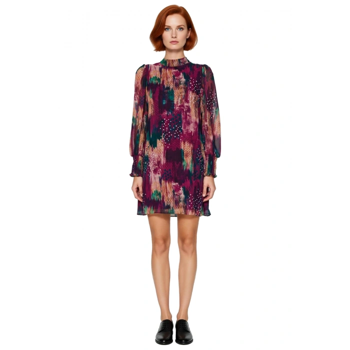 Kadınlar İçin Soyut Desenli Şifon Dik Yaka Balon Kol Mini Elbise İlkbahar Şıklığına Zarif Dokunuşlar