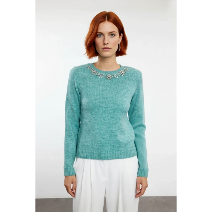 Kadınlar İçin Taş Detaylı Şık Bisiklet Yaka Regular Kalıp İnce Triko Uzun Kollu Kazak Kaliteli