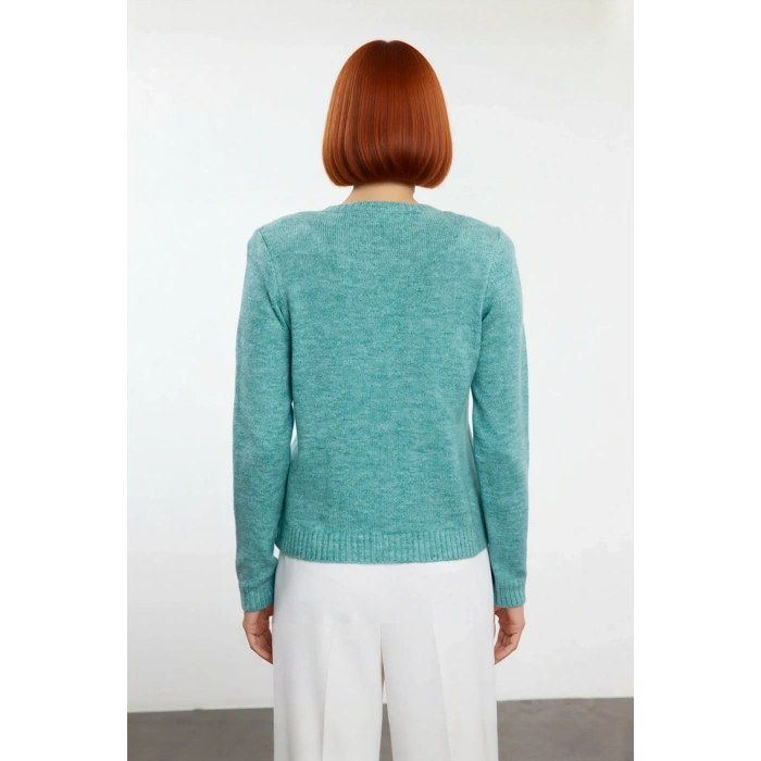 Kadınlar İçin Taş Detaylı Şık Bisiklet Yaka Regular Kalıp İnce Triko Uzun Kollu Kazak Kaliteli