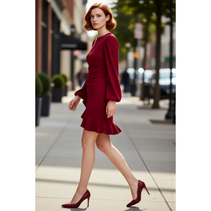 Kadınlar İçin Uzun Balon Kol Mini Elbise Şık Gece Volanlı Tasarım Polyester Karışımlı Dokuma