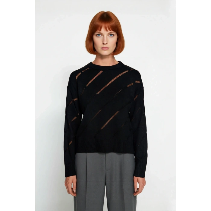 Kadınlar İçin Uzun Kollu Ajurlu Detaylı Triko Kazak Rahat Kesim Şık Tasarım Gündüz Gece Kaliteli